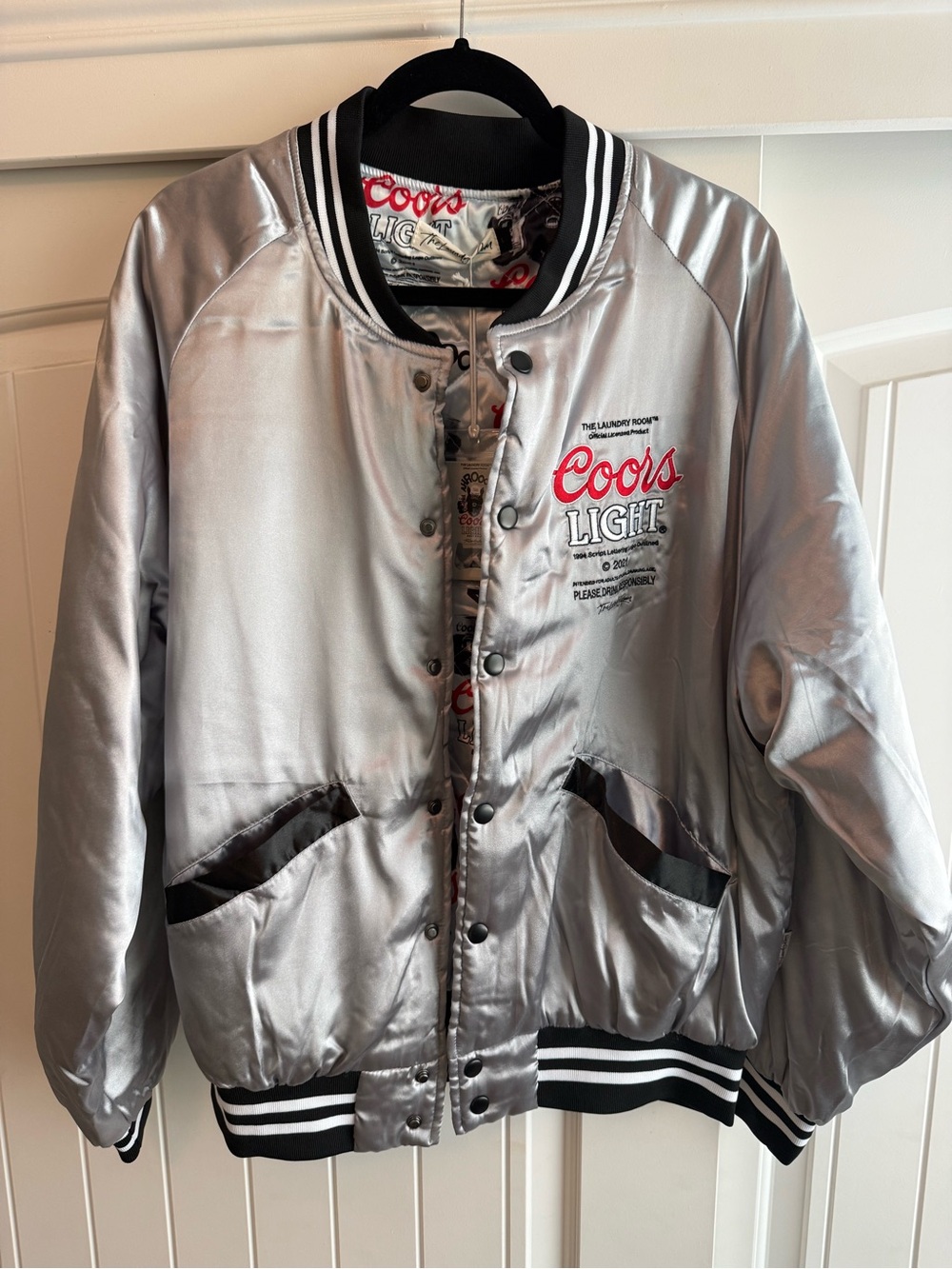 The Laundry Room Coors Light Silver Satin Bomber Jacket NWT